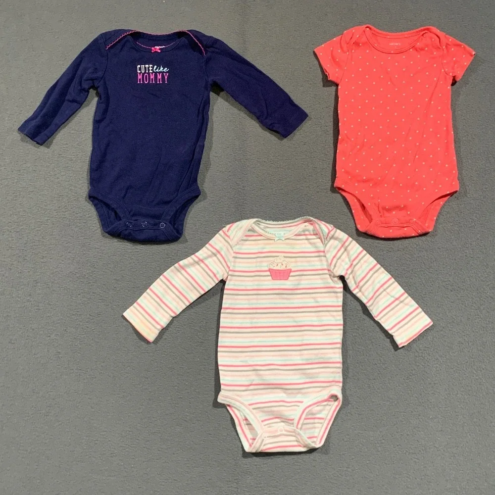 Carters Baby Girl 6 Months Bodysuit Lot‎ 3pk Navy Pink Striped Heart Cupcake